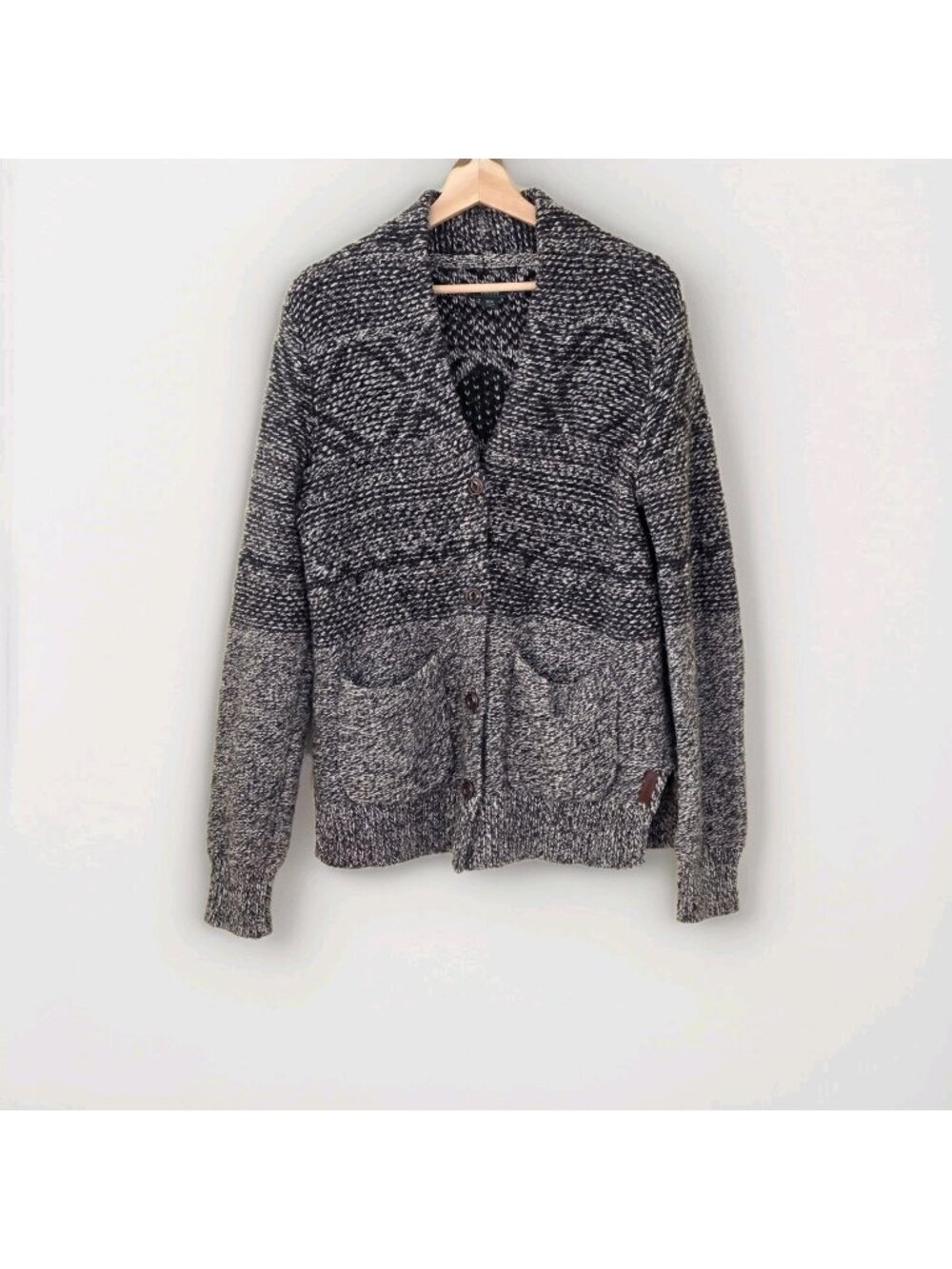 Roots Canada Geometric Pattern Cardigan M Marled Salt Pepper LS Cottage Chunky